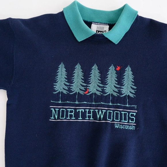 Vintage Lee Heavyweight Navy Embroidered Northwoods Wisconsin Collared Sweater M - Picture 9 of 13